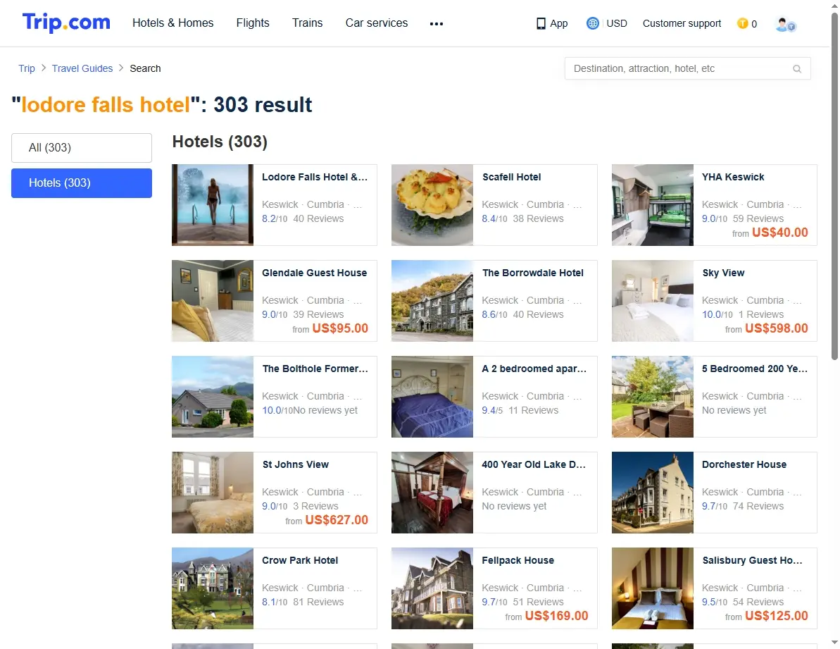 Screenshot showing Lodore Falls Hotel offers on a booking website