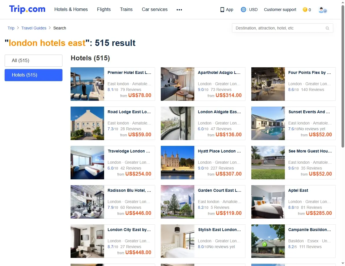 Screenshot of hotel offers for East London