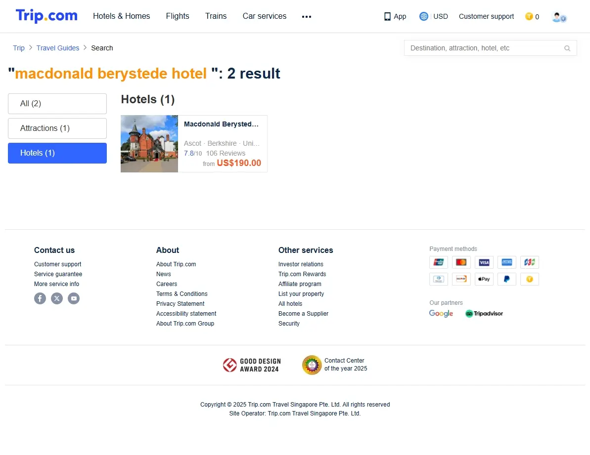 Screenshot of Trip.com showing hotel offers for Macdonald Berystede Hotel