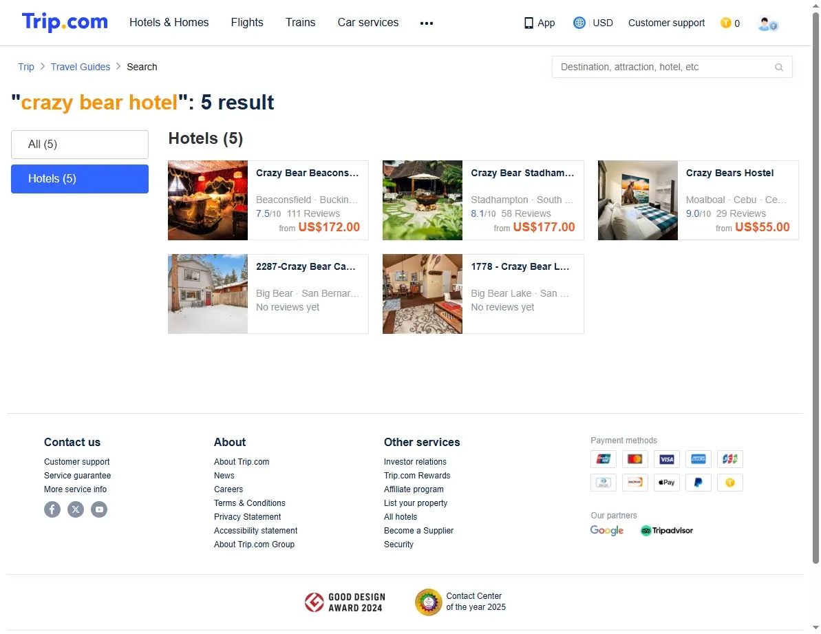 Screenshot of hotel booking website showing special offers for Crazy Bear Hotel