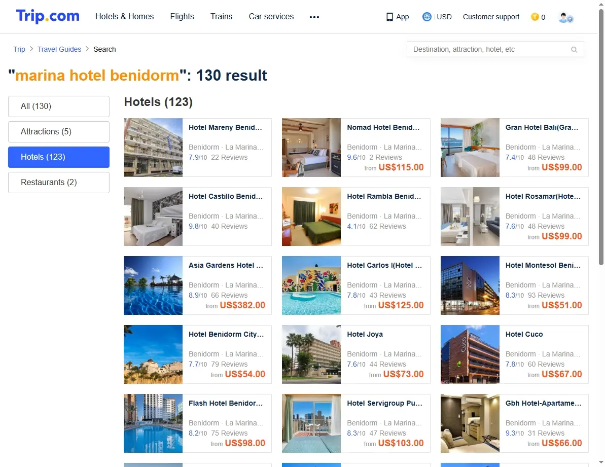 Screenshot of trip.com showing special hotel offers for Marina Hotel Benidorm.