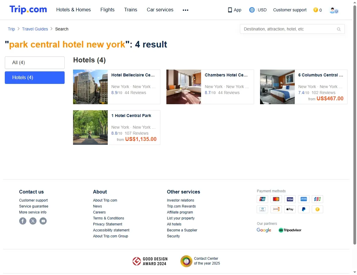 Screenshot of hotel offers for Park Central Hotel New York