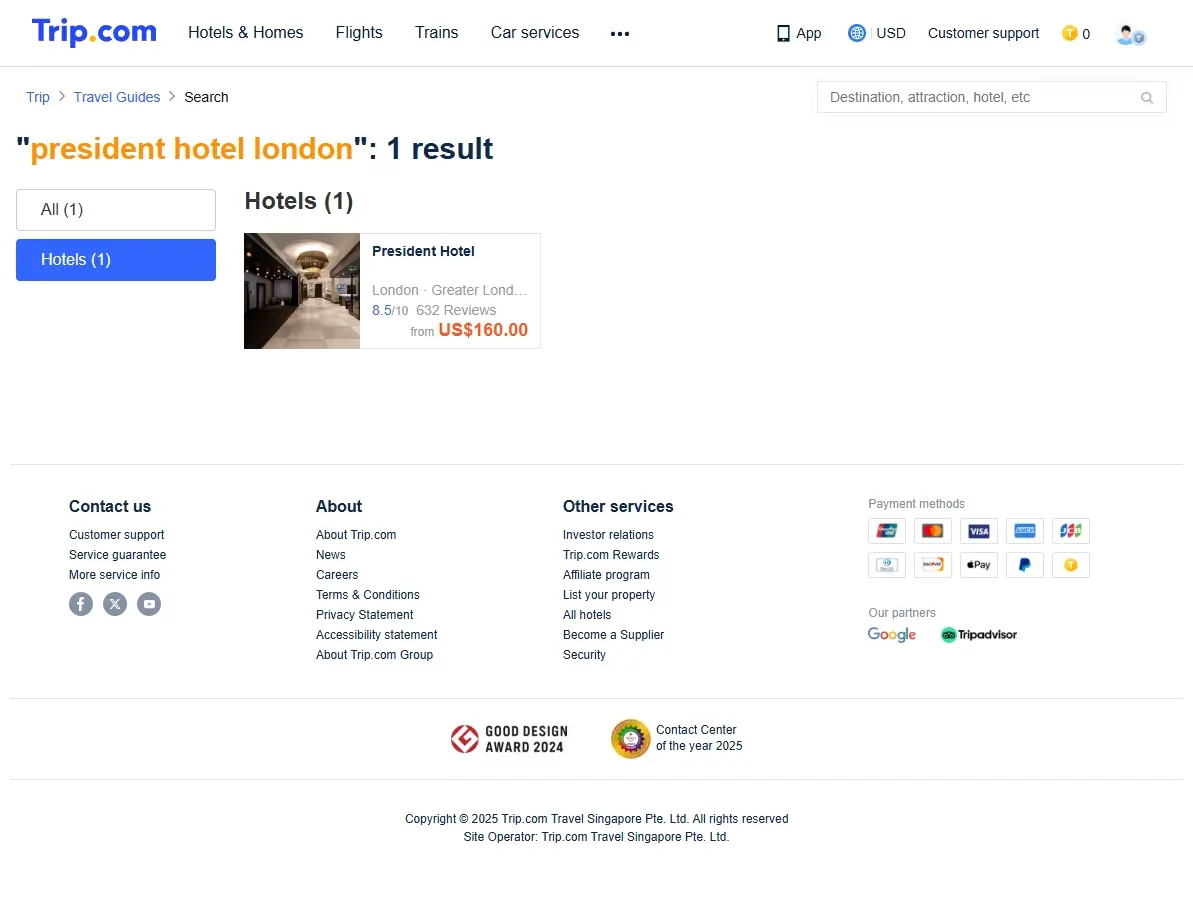 Special offers screenshot for President Hotel London bookings.