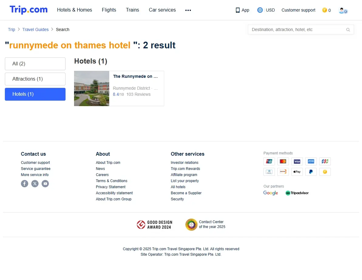 Screenshot of Trip.com showing hotel deals for Runnymede on Thames Hotel & Spa