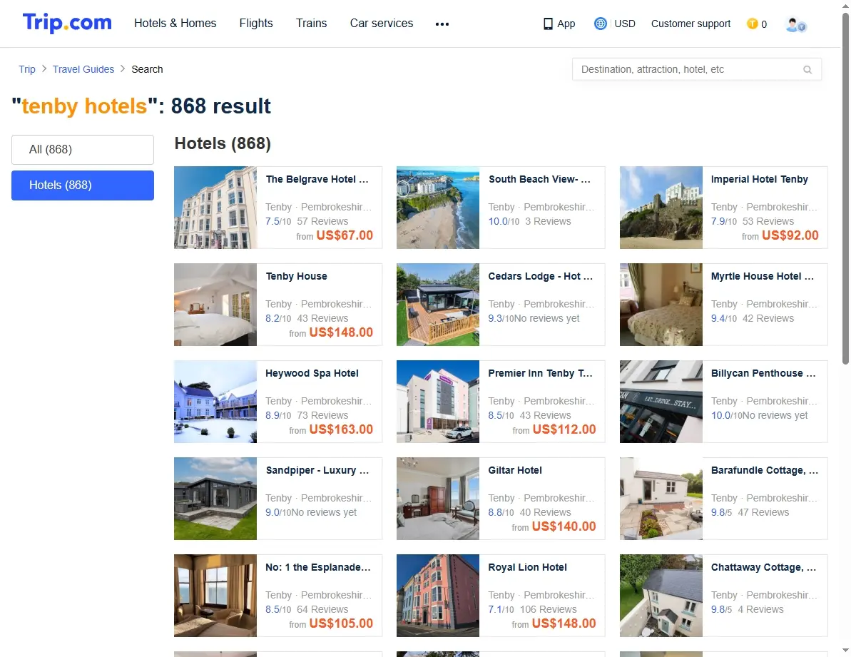 Screenshot of hotel search results showing deals for Tenby Hotels.