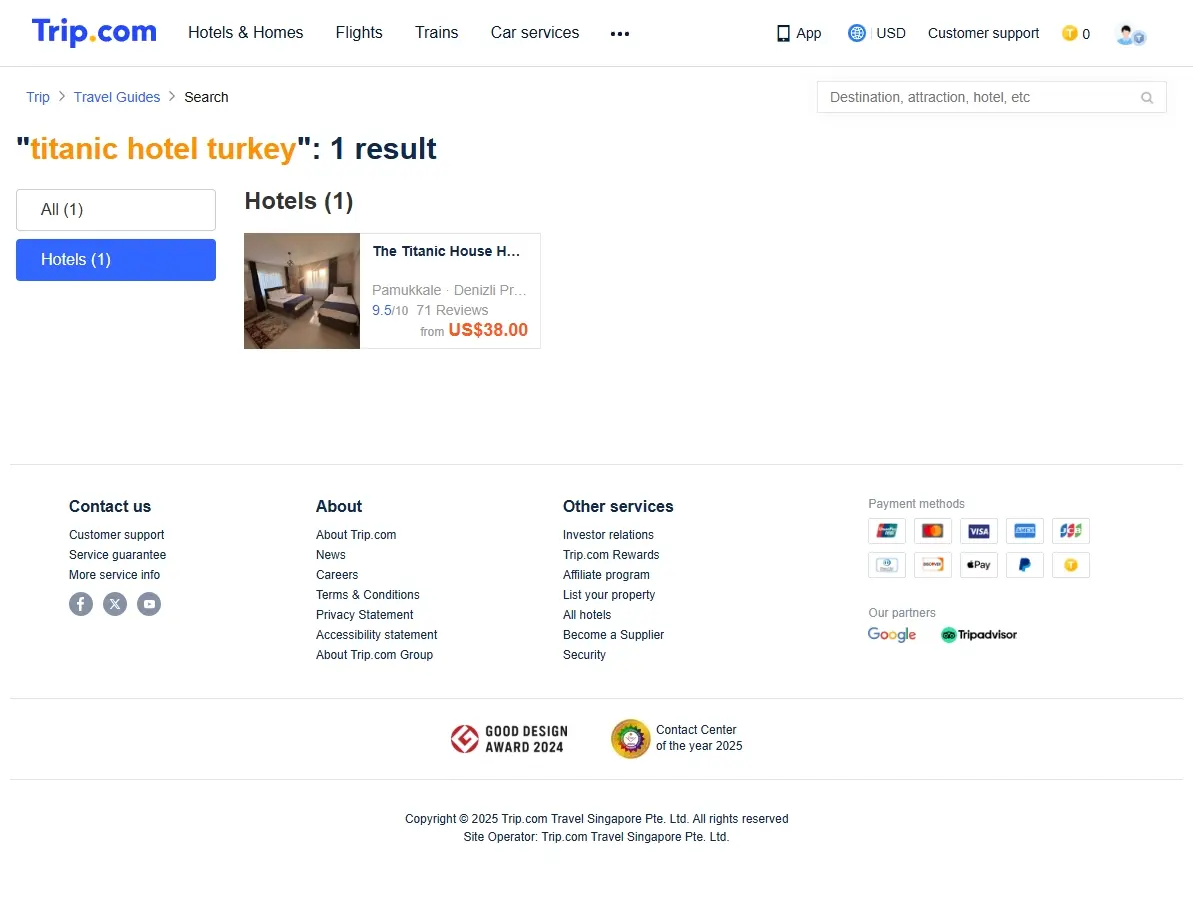 Screenshot of Trip.com showing special hotel offers for Titanic Hotel Turkey.