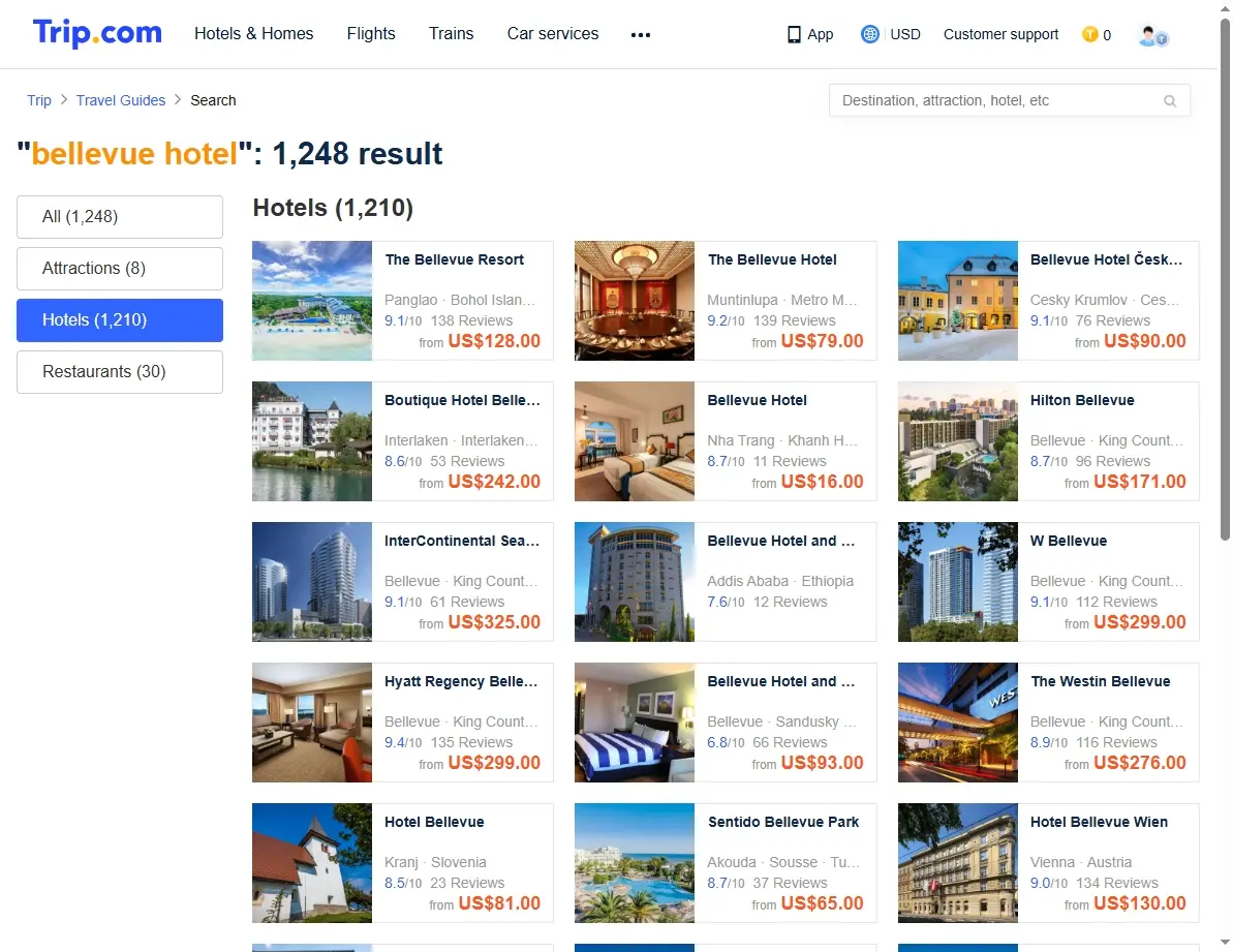 Screenshot of a hotel booking website showing special offers for Bellevue hotels.