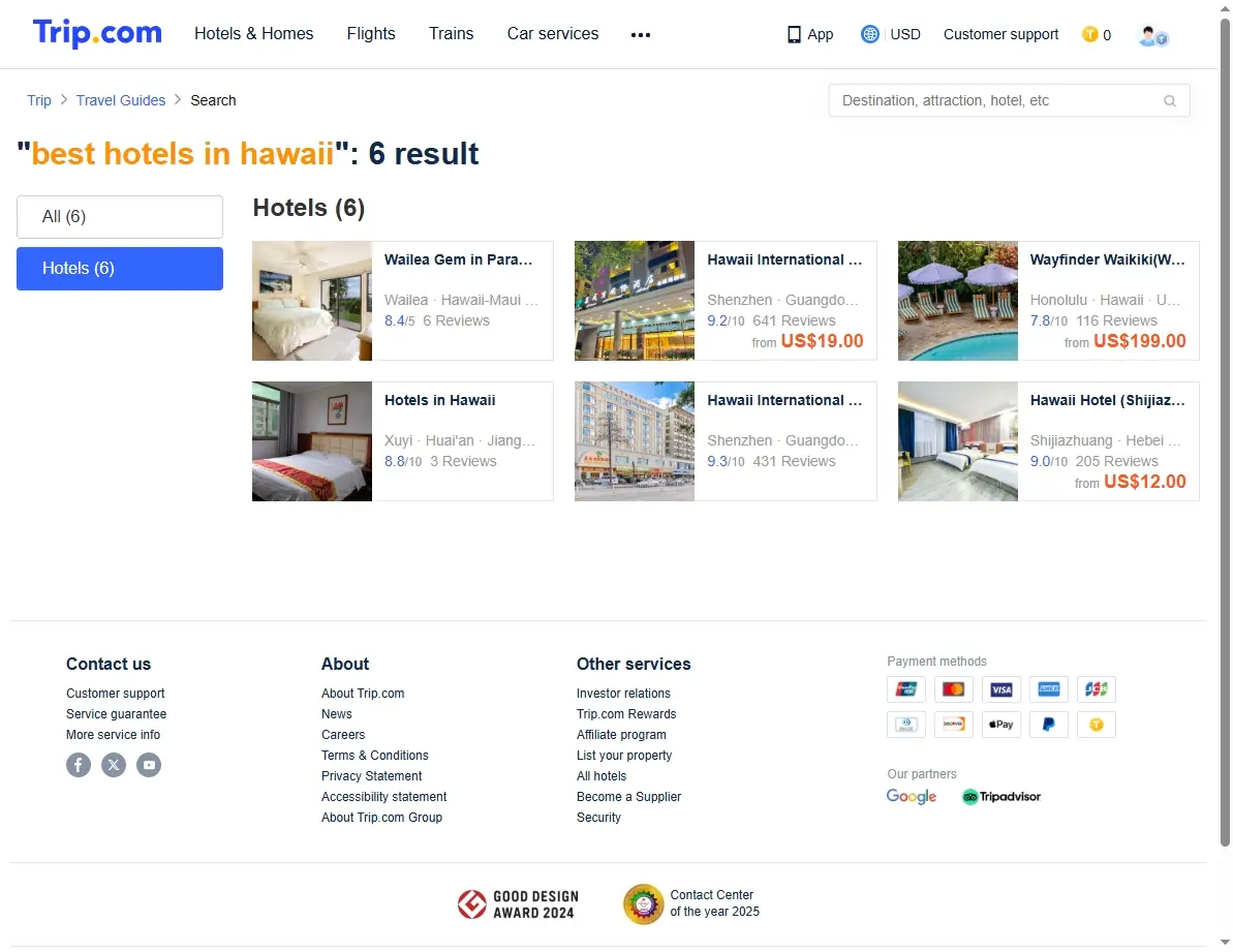 Screenshot of a hotel booking website showing special offers for Hawaii hotels