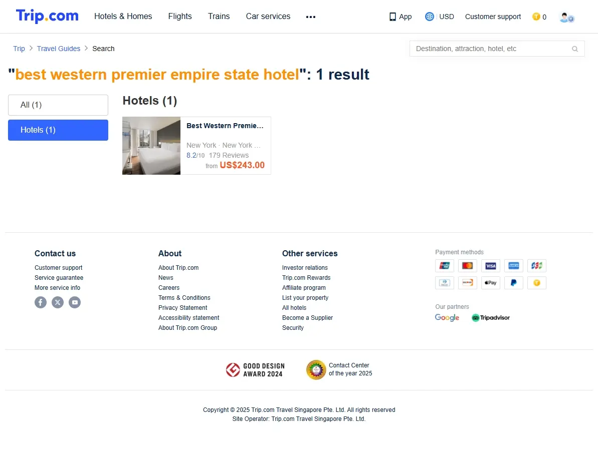 Screenshots of hotel deals on a booking website for Best Western Premier Empire State Hotel