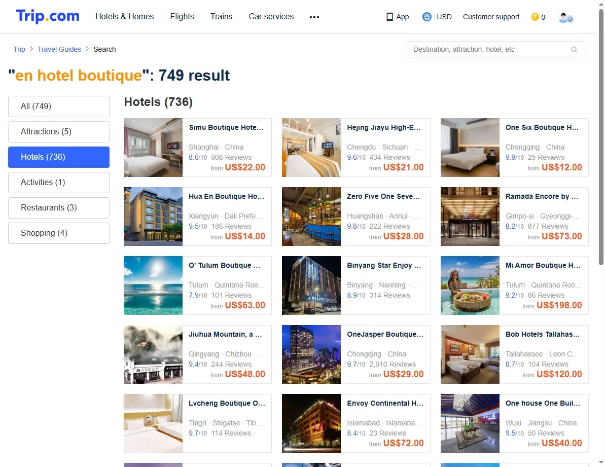 Screenshot of hotel search results showing deals
