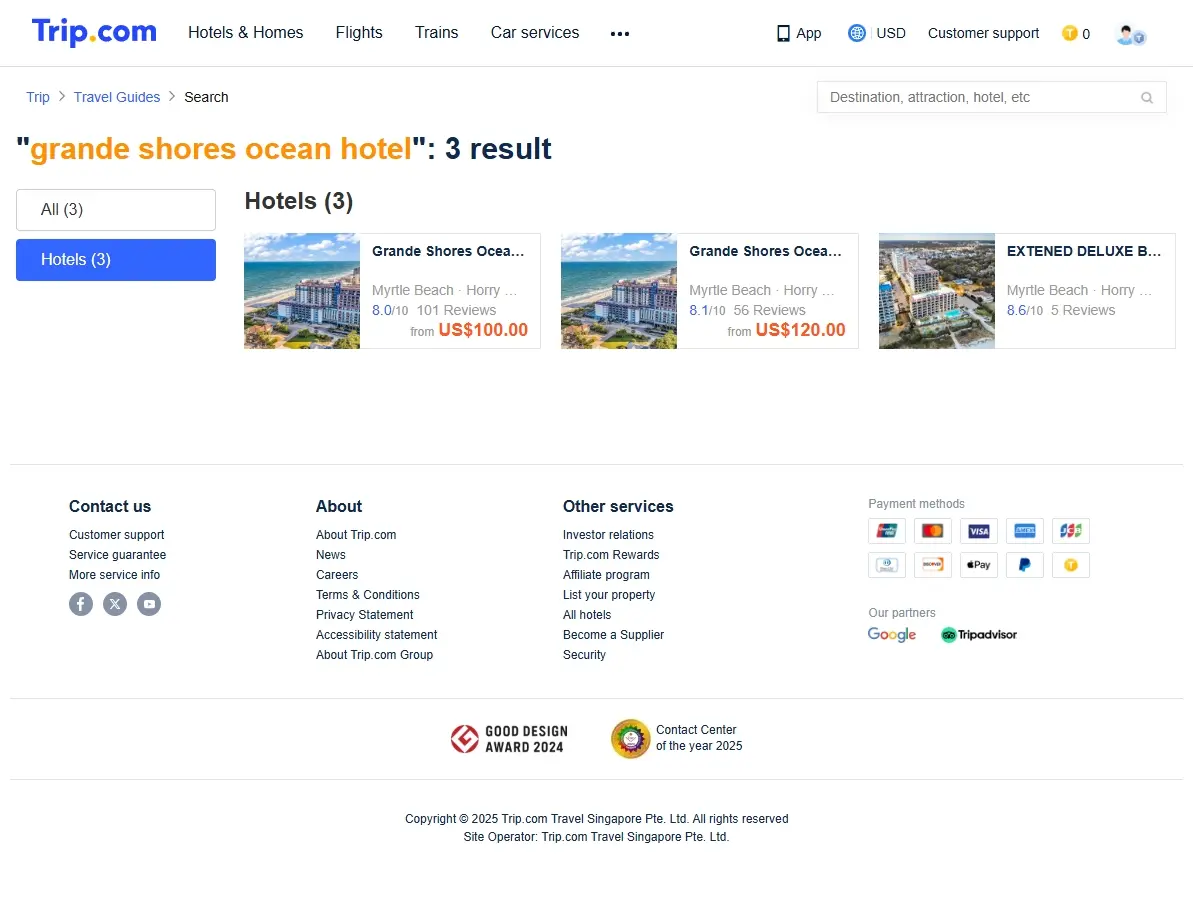 Screenshot showing hotel deals and special offers for Grande Shores Ocean Hotel