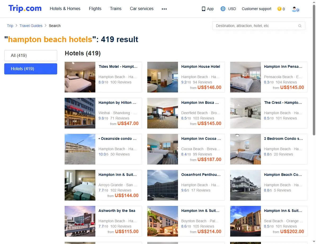Screenshot of special hotel offers search page.