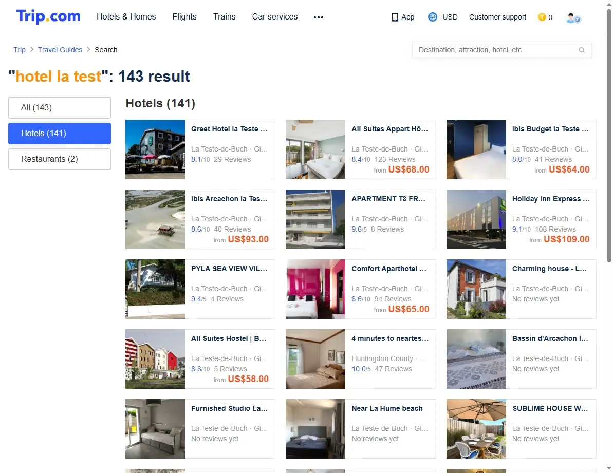 Screenshot showing special hotel deals for Hotel La Test travelers