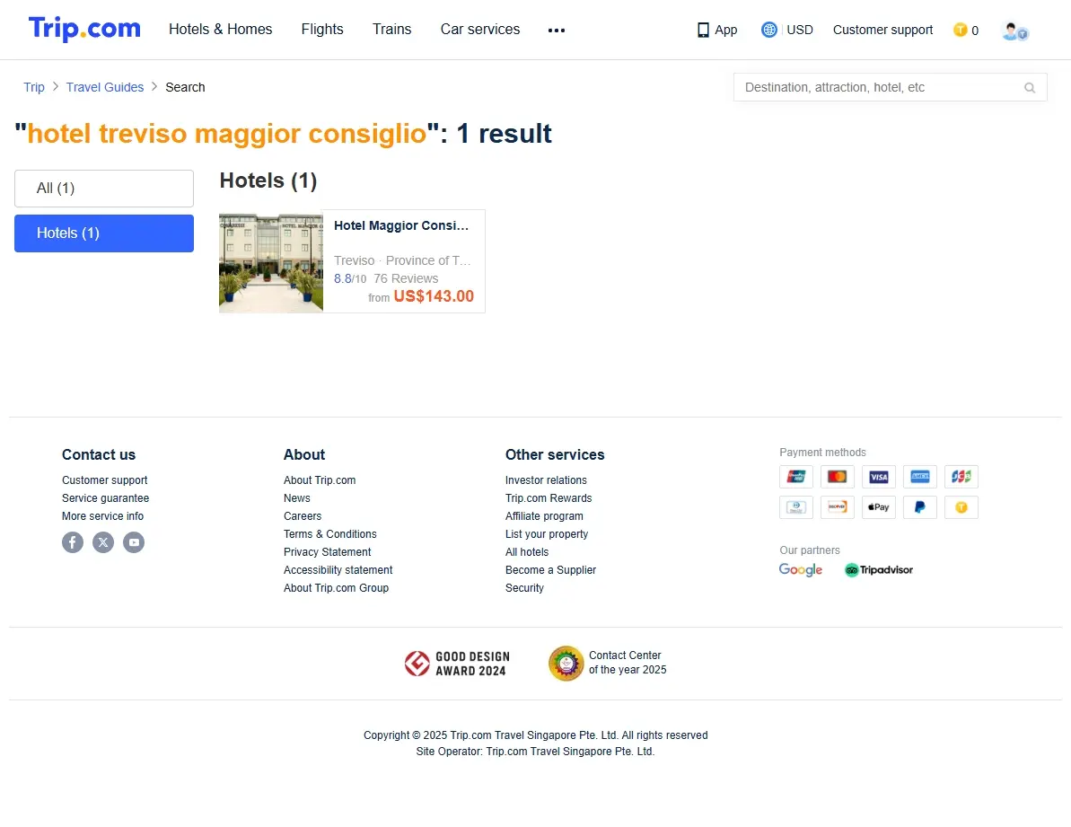Special offers page for Hotel Treviso Maggior Consiglio on a booking website.