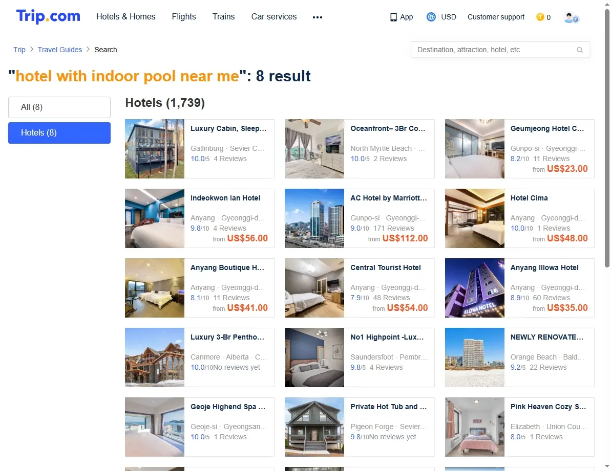 Screenshot of a travel website showing hotel offers for indoor pools.