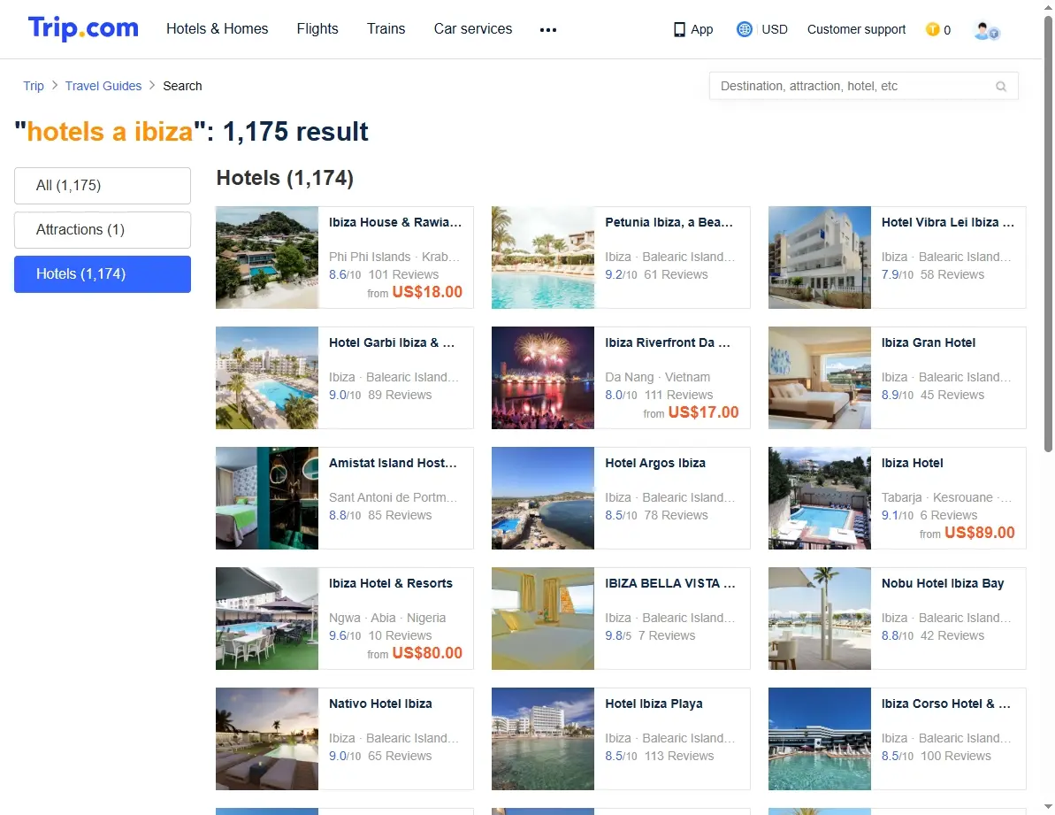 Screenshot of hotel offers for Ibiza
