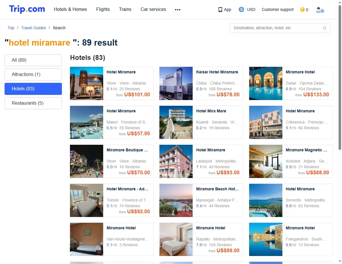 Screenshot of Trip.com search results page for Hotel Miramare & Spa Sestri Levante deals