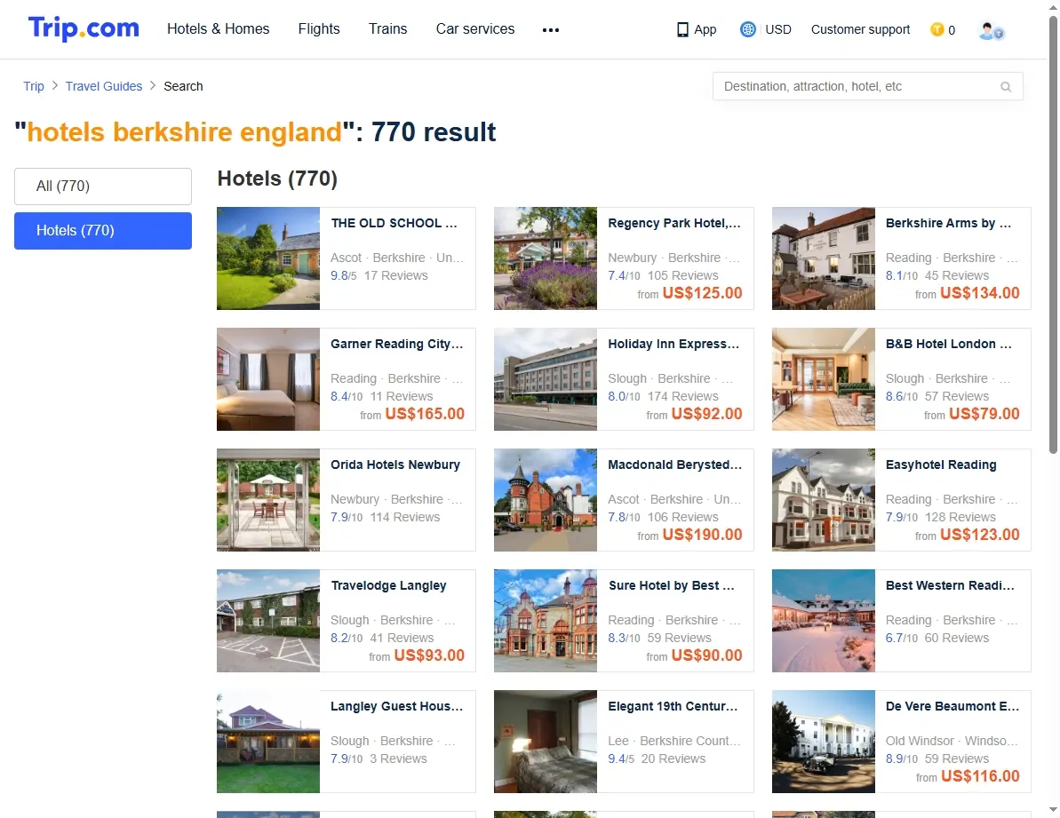 Screenshot of trip.com showing hotel offers for Berkshire