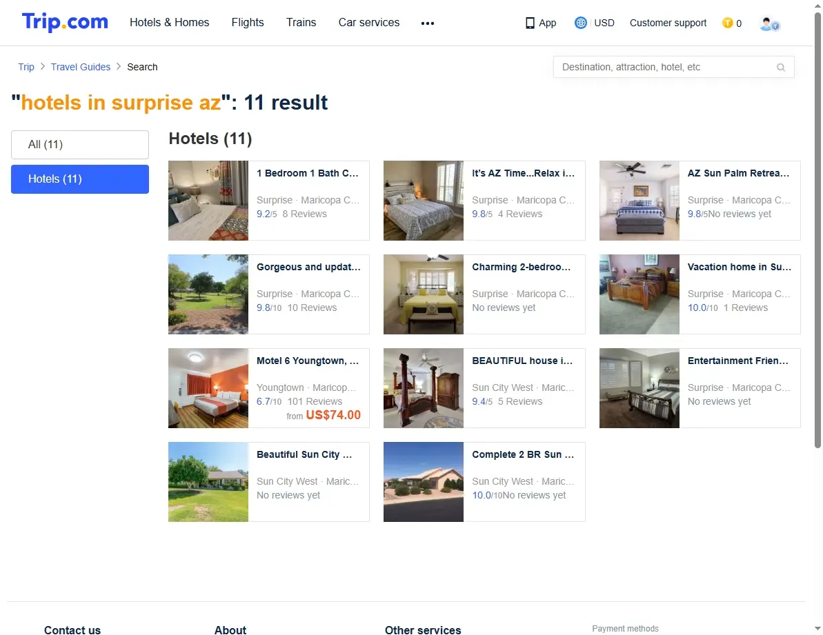 Screenshot of hotel offers and search results for Surprise AZ.