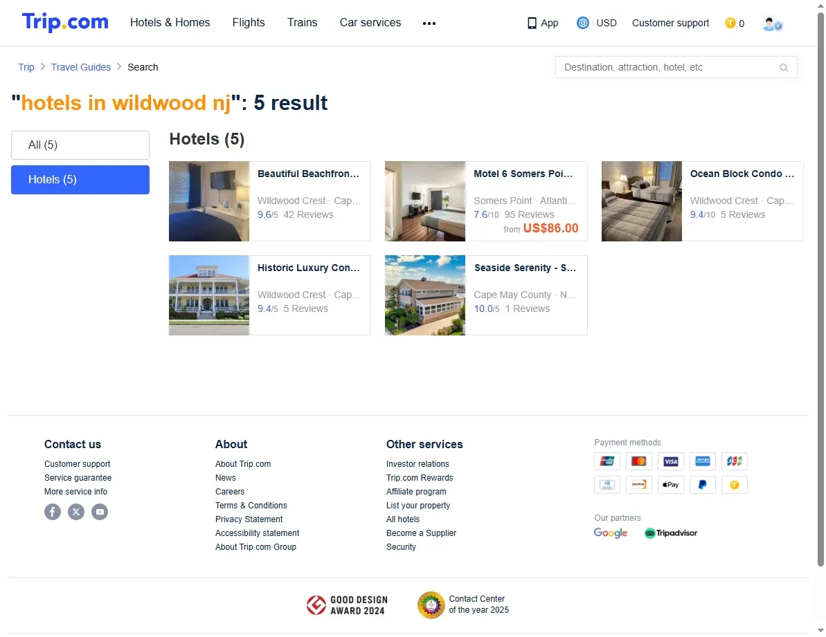 Search results page showing special offers for hotels in wildwood nj