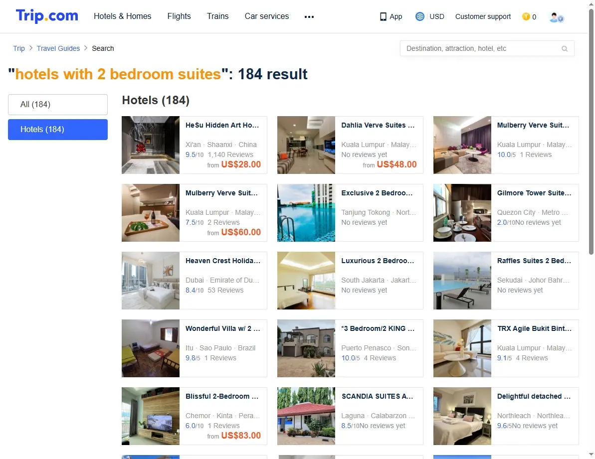 Screenshot of Trip.com showing hotel deals and special offers.
