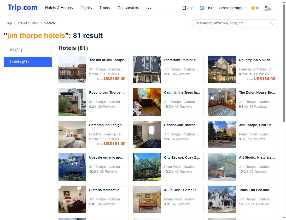 Screenshot of hotel search results for Jim Thorpe with special offers.