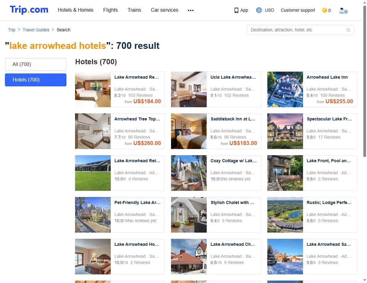 Screenshot of hotel offers for Lake Arrowhead Hotels
