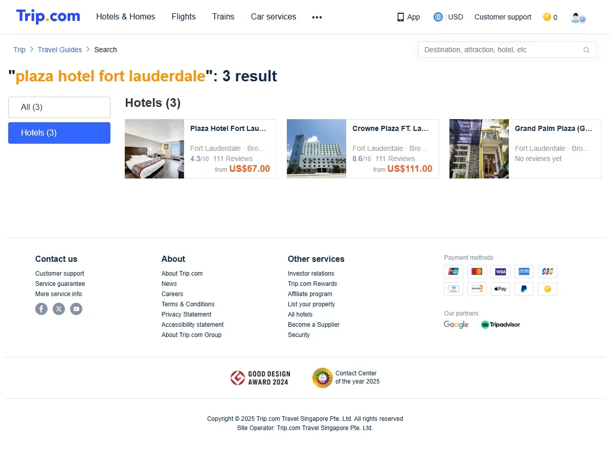 Screenshot of hotel booking website showing Fort Lauderdale deals