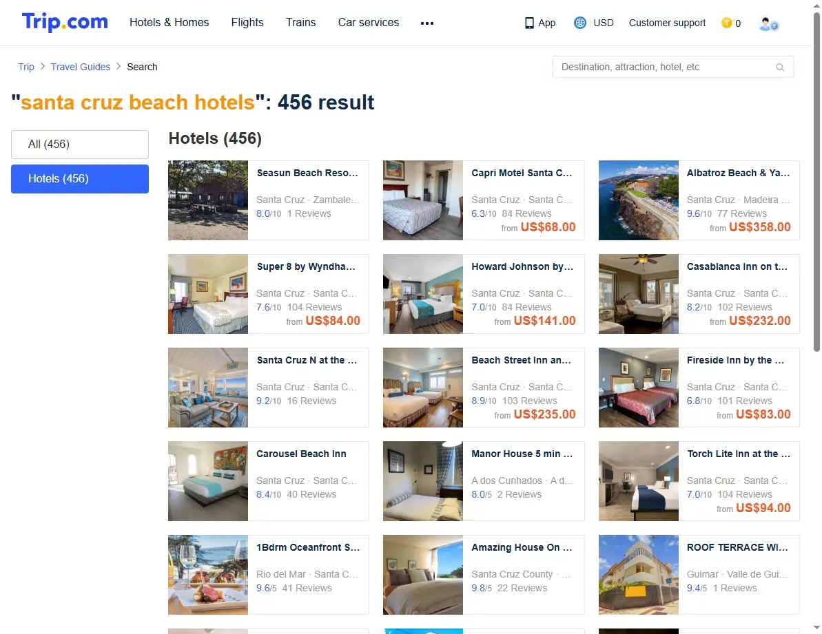 Screenshot of hotel offers page for Santa Cruz Beach Hotels