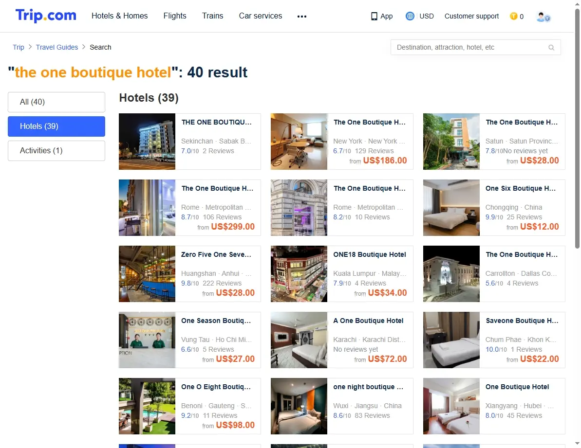 Screenshot of a hotel booking search engine showing deals for The One Boutique Hotel.