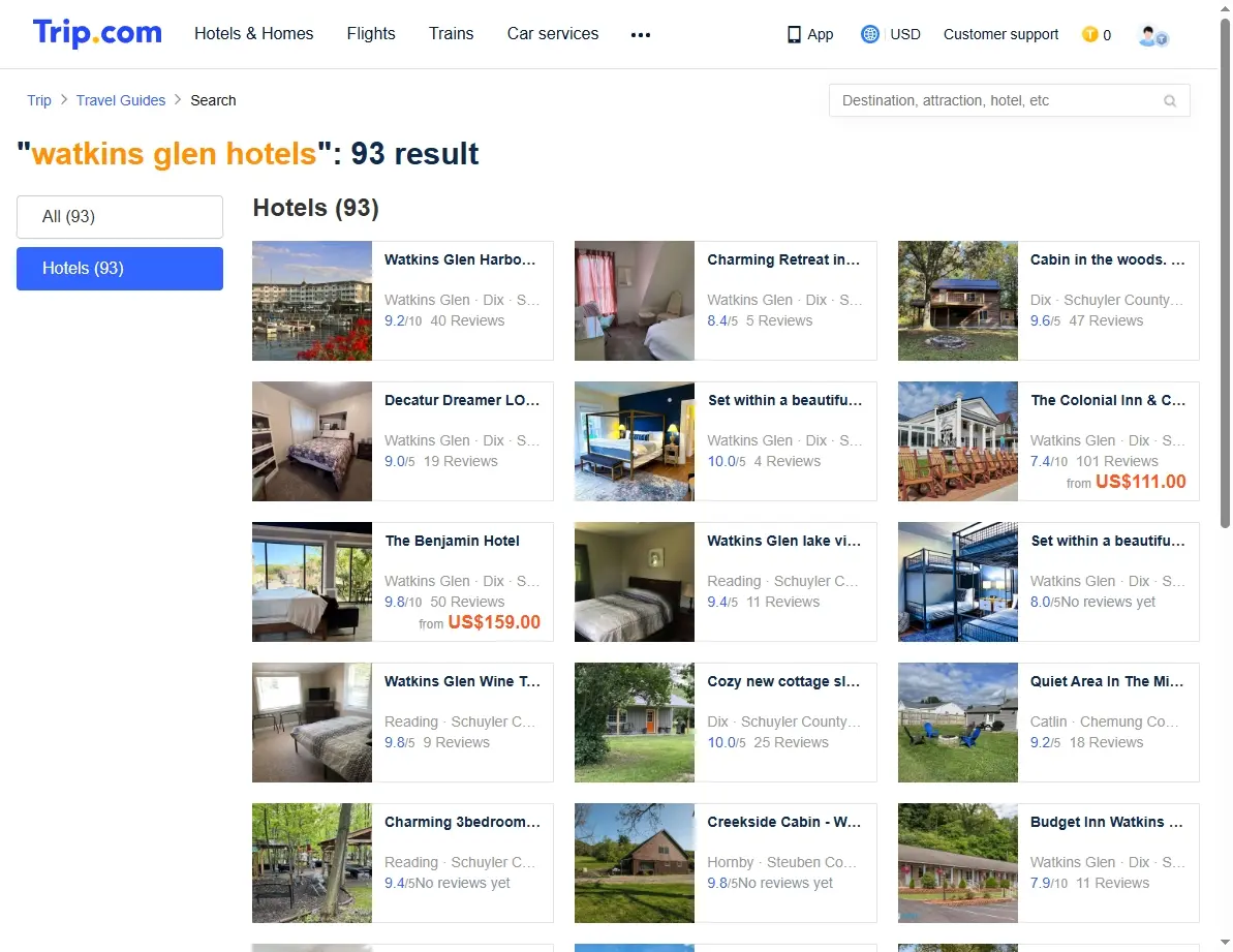 Screenshot of hotel offers for Watkins Glen