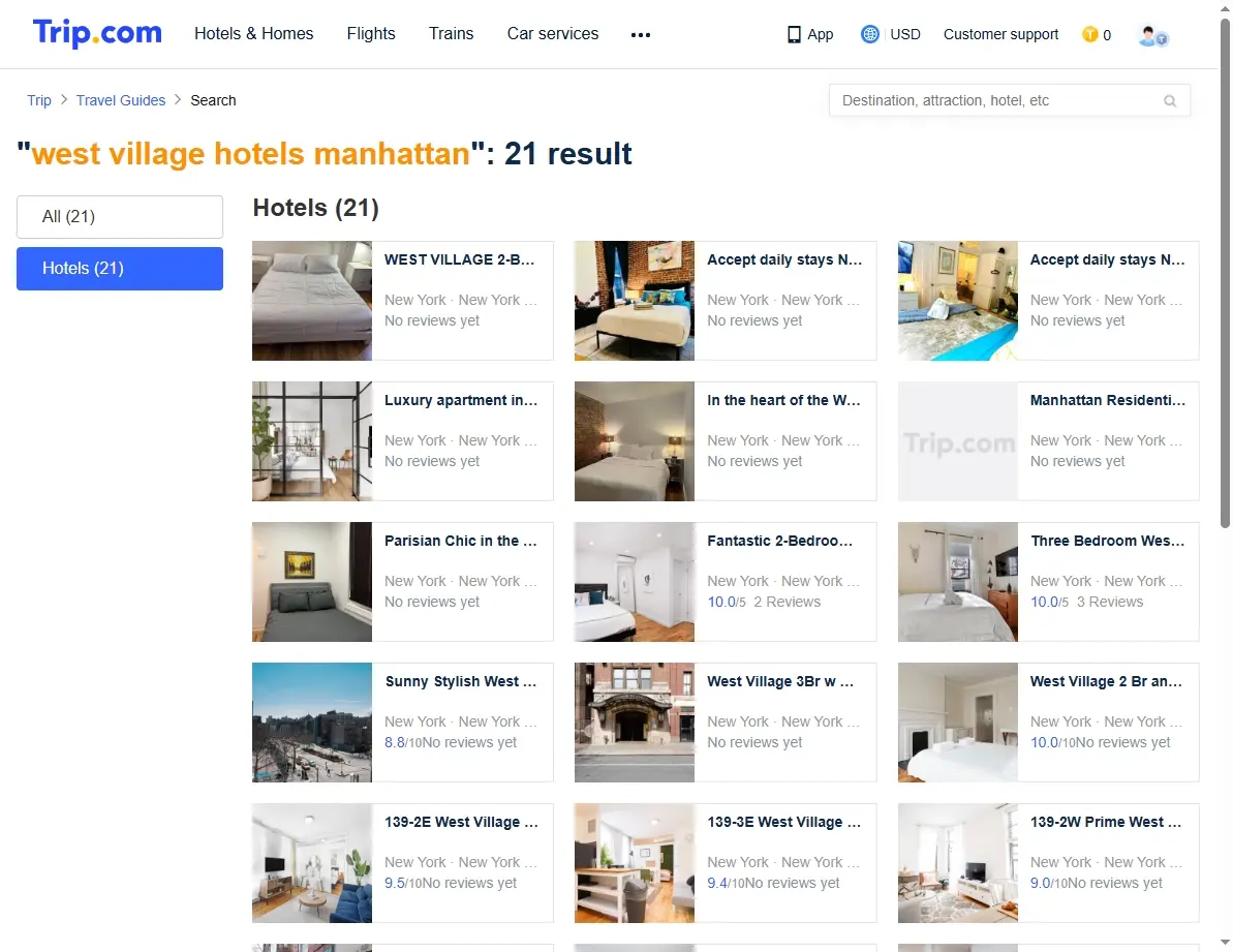 Screenshot of hotel search results showing special offers for West Village Hotels Manhattan