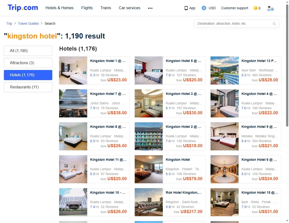 Screenshot of hotel search results showing special offers for Kingston hotels.