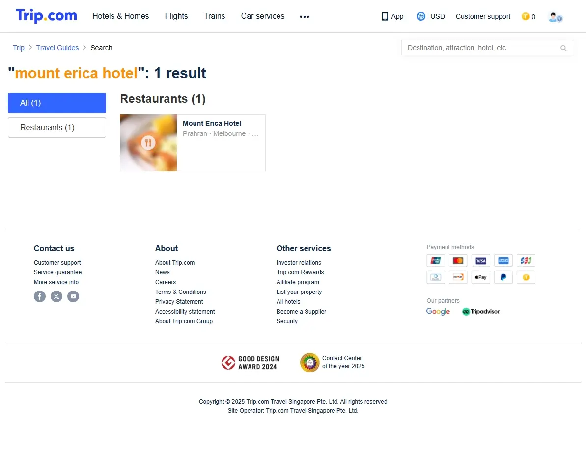 Screenshot showing special offers and deals for Mount Erica Hotel bookings.