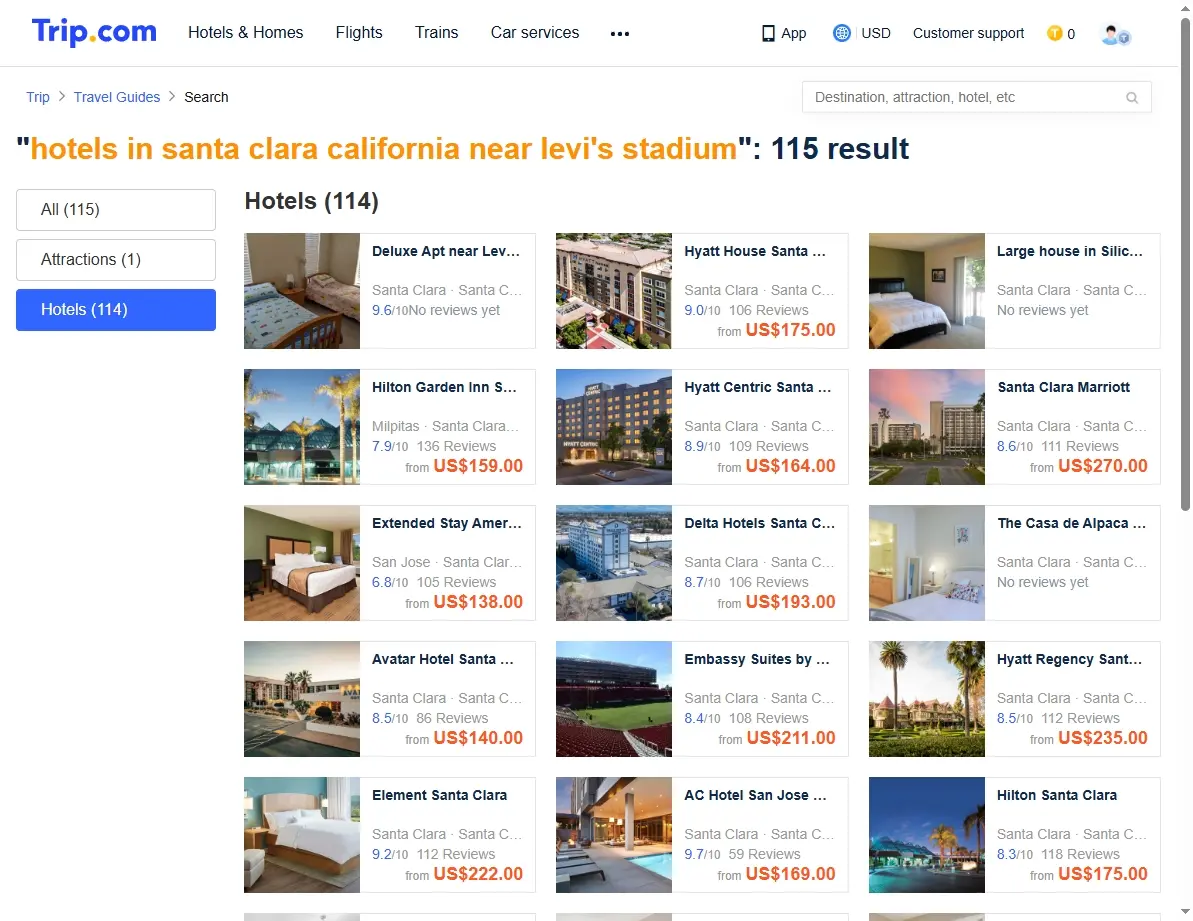 Screenshot of travel website showing special hotel deals near Levi's Stadium.
