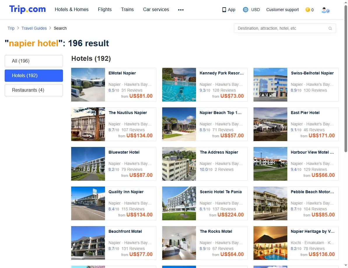 Special offers screenshot for Napier hotels