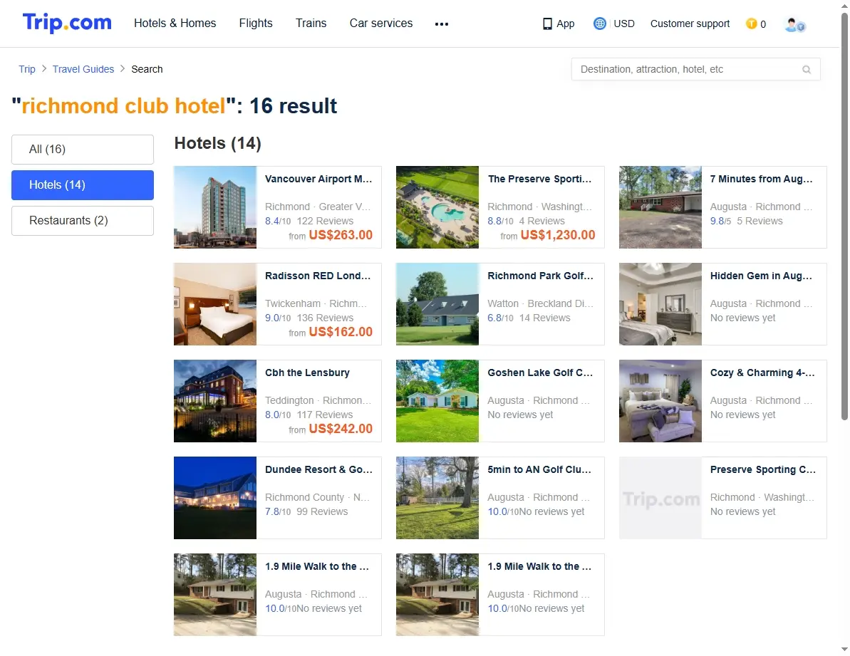 Screenshot showing special hotel offers for Richmond Club Hotel on Trip.com