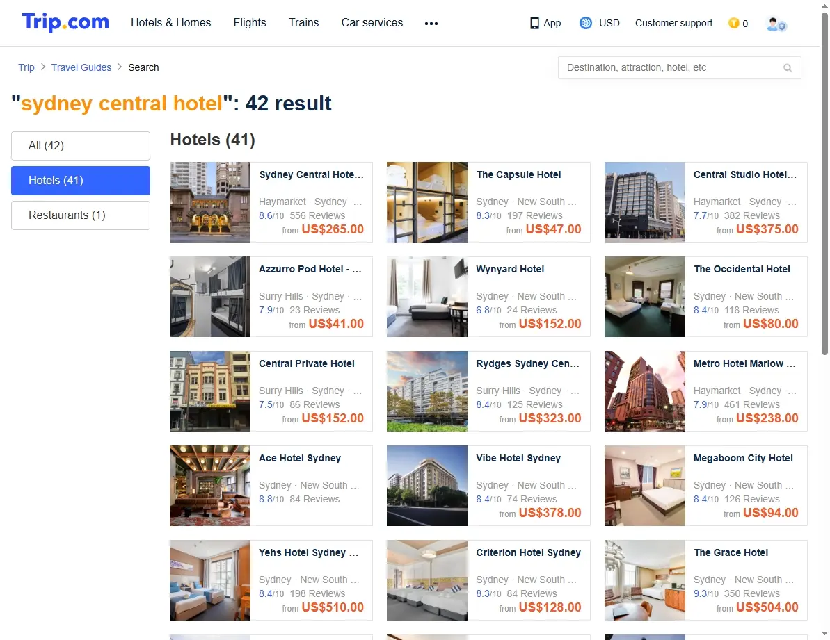 Screenshot showing hotel offers for Sydney Central