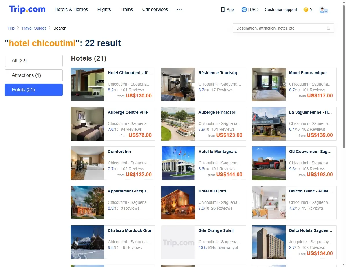 Screenshot of a hotel booking website showing special offers for Chicoutimi hotels