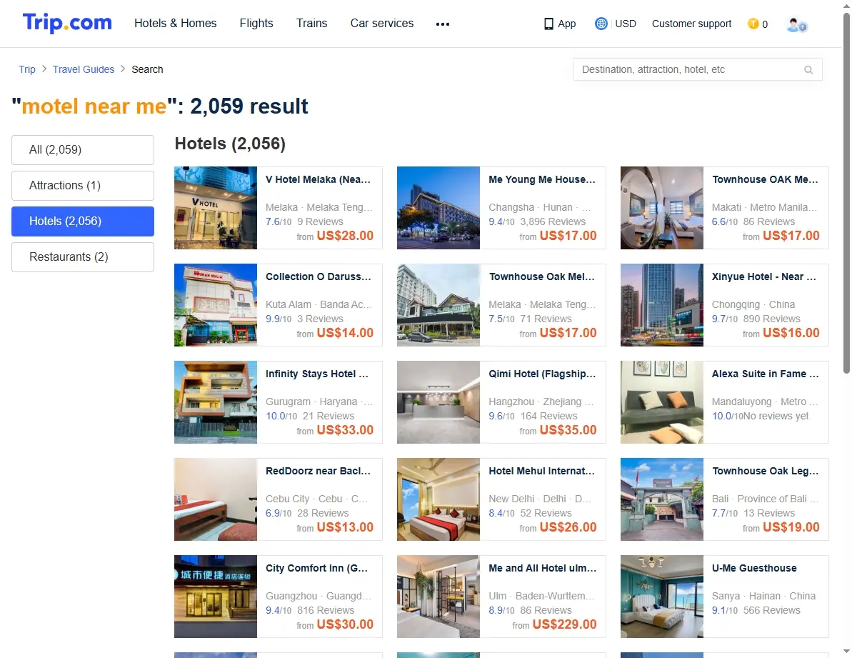 Screenshot showing special hotel offers and deals on Trip.com