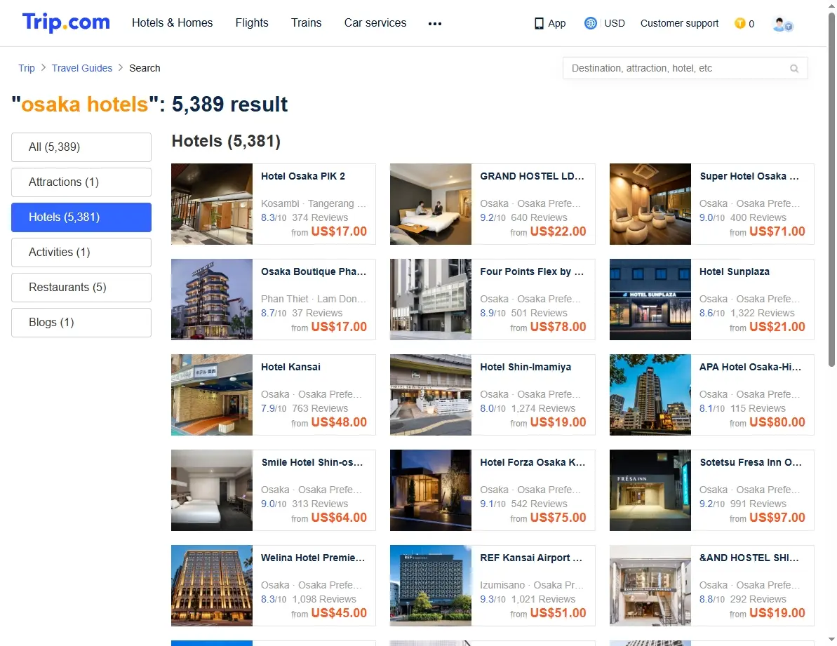 Special offers page for Osaka hotels on Trip.com.