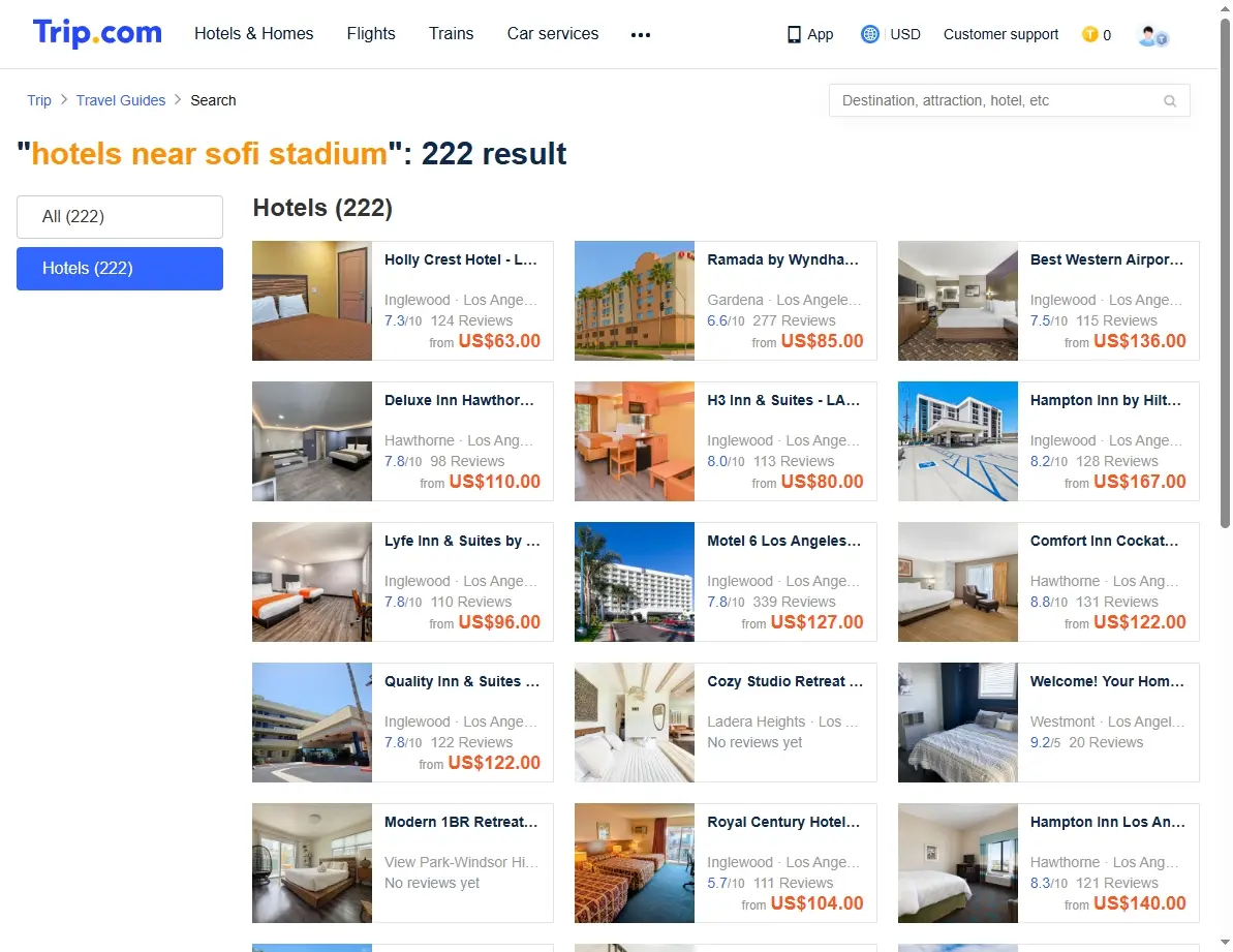 Special offers screenshot for hotels near SoFi Stadium