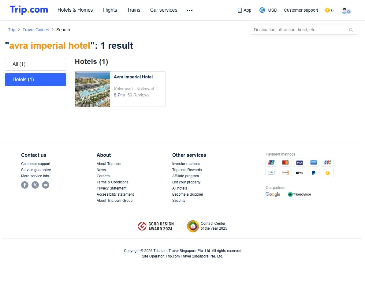 Screenshot of hotel booking website showing Avra Imperial deals
