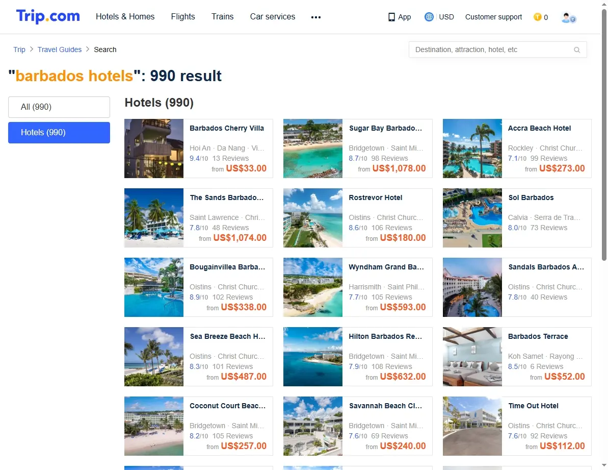 Screenshot of hotel offers and special deals for Barbados hotels.