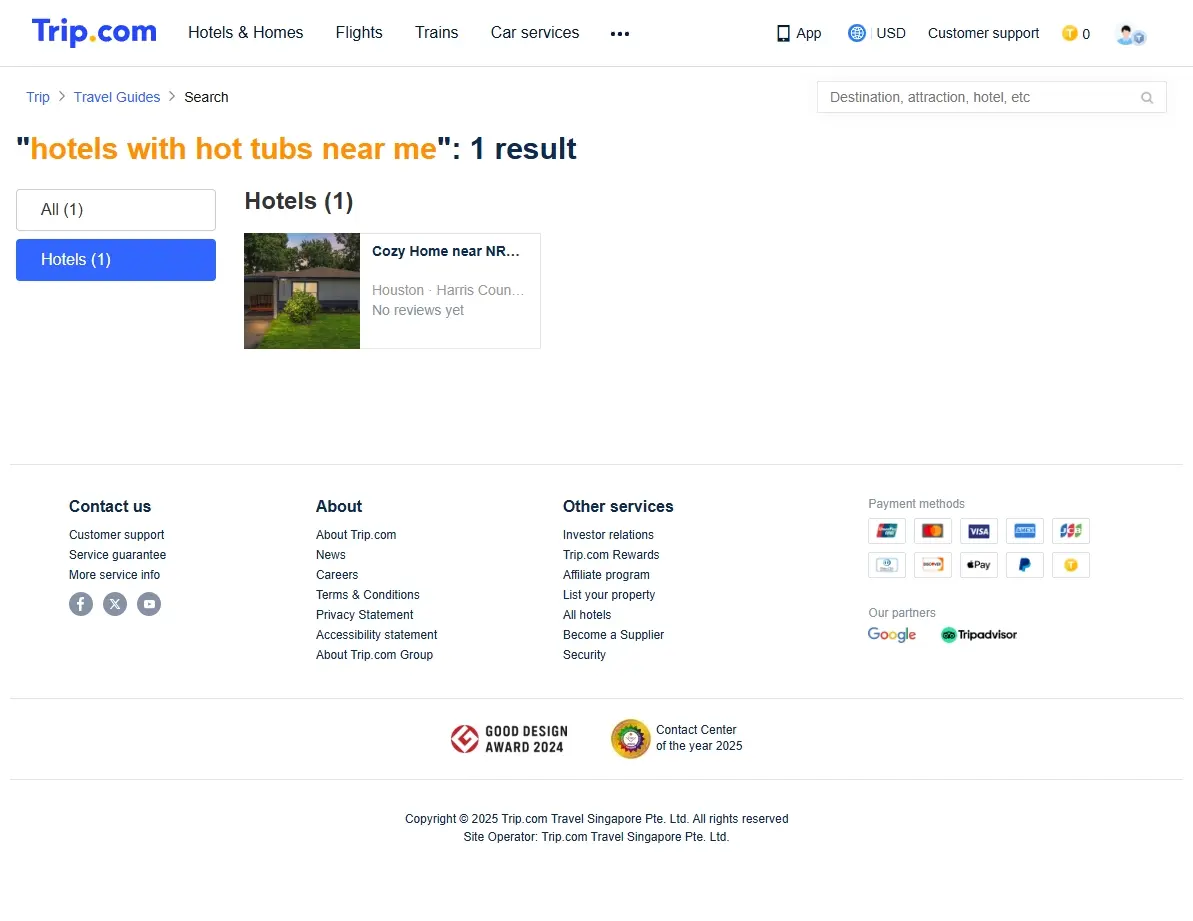 Screenshot of hotel offers with hot tubs near me