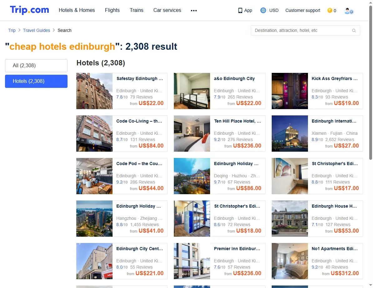 Screenshot of a hotel booking website showing special offers for Edinburgh.
