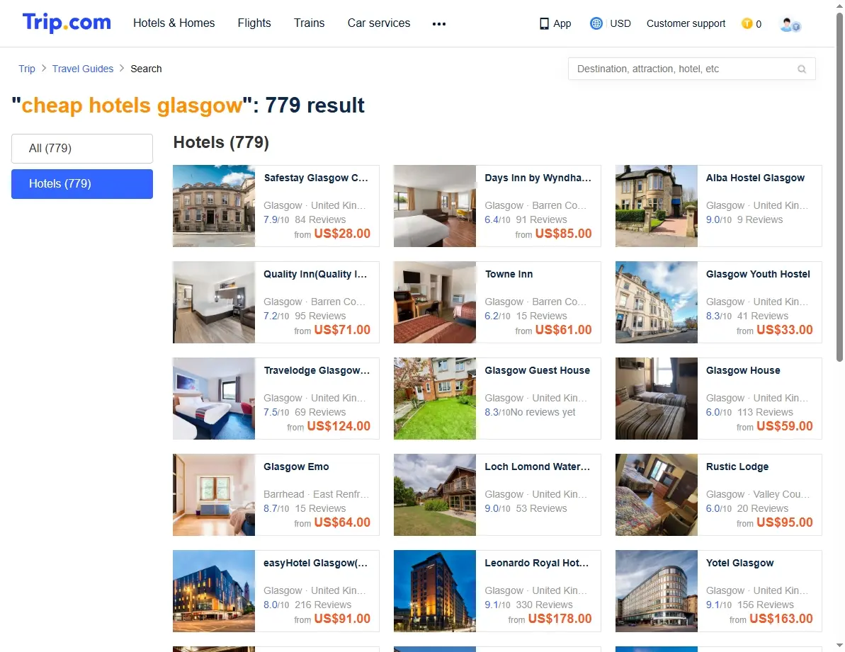 Screenshot of a website showing special offers for Glasgow hotels.