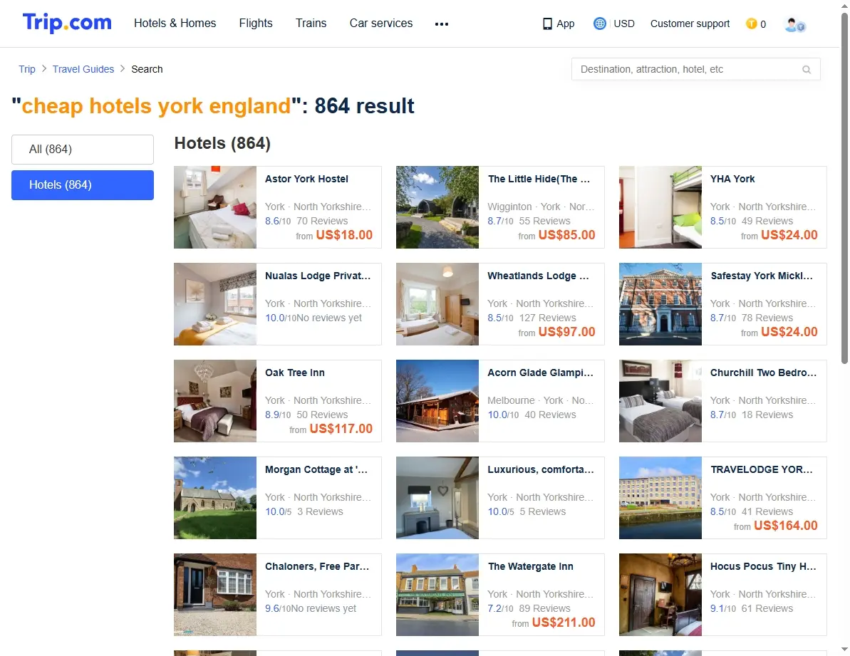 Screenshot of hotel offers for cheap hotels York England.