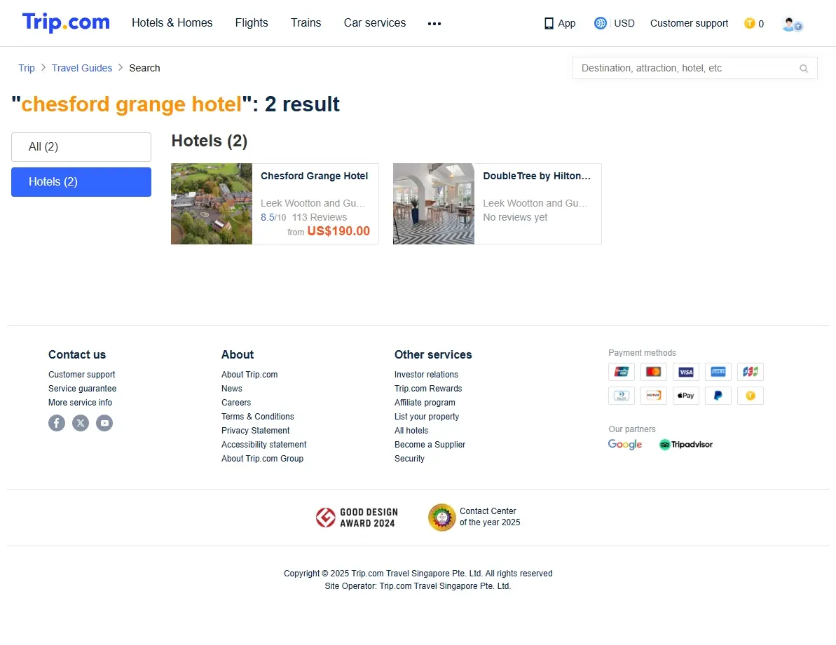 Screenshot of a hotel booking website showing special offers for Chesford Grange Hotel rooms