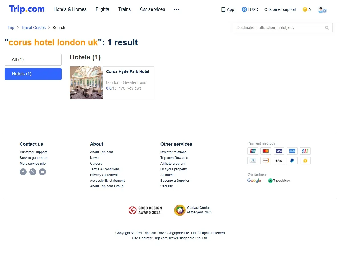 Screenshot showing special offers and deals for hotels, including Corus Hotel London UK.